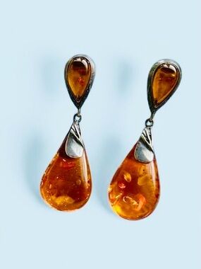 Antique Baltic Amber Teardrop Sterling Silver Dangle Earrings